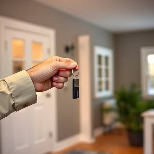 A professional realtor handing over keys to a new homeowner, symbolizing trust and successful property transactions.