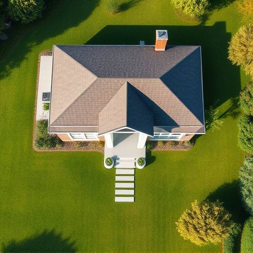 An aerial view of a modern house with a lush green lawn