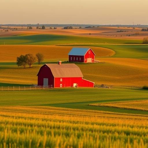 Classic, rural farm with rolling hills and a red barn in Iowa.