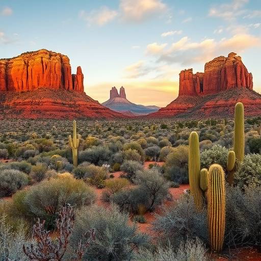Desert landscape with cacti and rock formations near Sedona, Arizona.