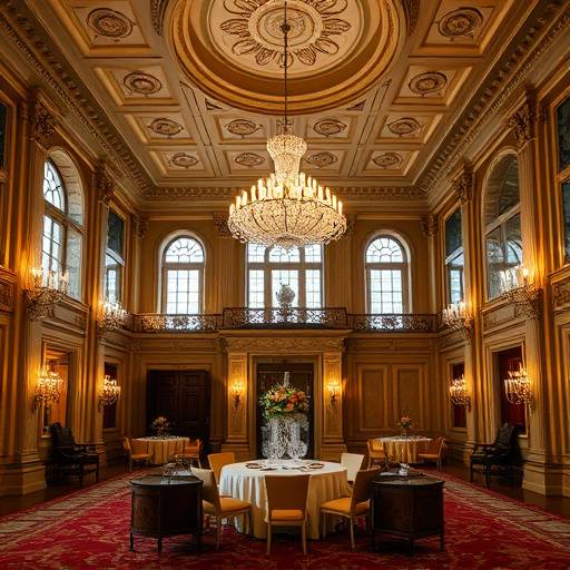 Interior of a grand, opulent ballroom in a historic mansion in Newport, Rhode Island.