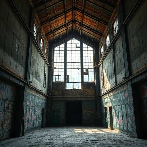Interior shot of the derelict warehouse showcasing peeling paint and broken windows.